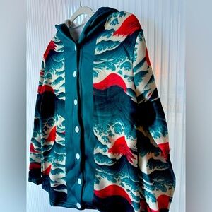 Hokusai-Style Wave Print Button-Up Hoodie